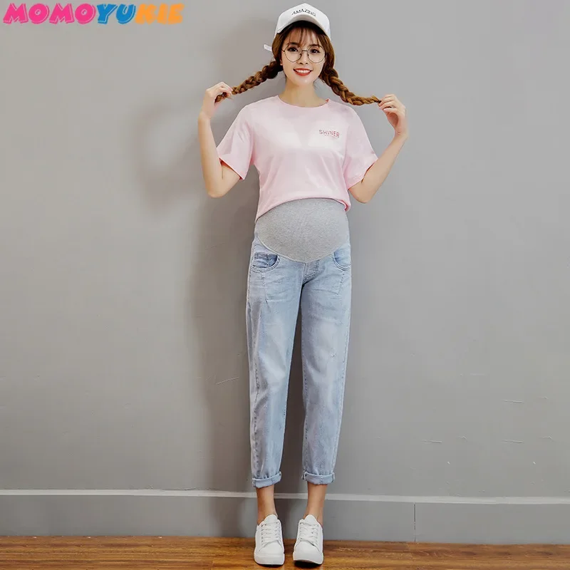 Vintgae Washed Denim Maternity Jeans for Pregnant Women Clothes Elastic Waist Belly Loose Pants Pregnancy Gravidas Clothing women pants denim trousers maternity pants
