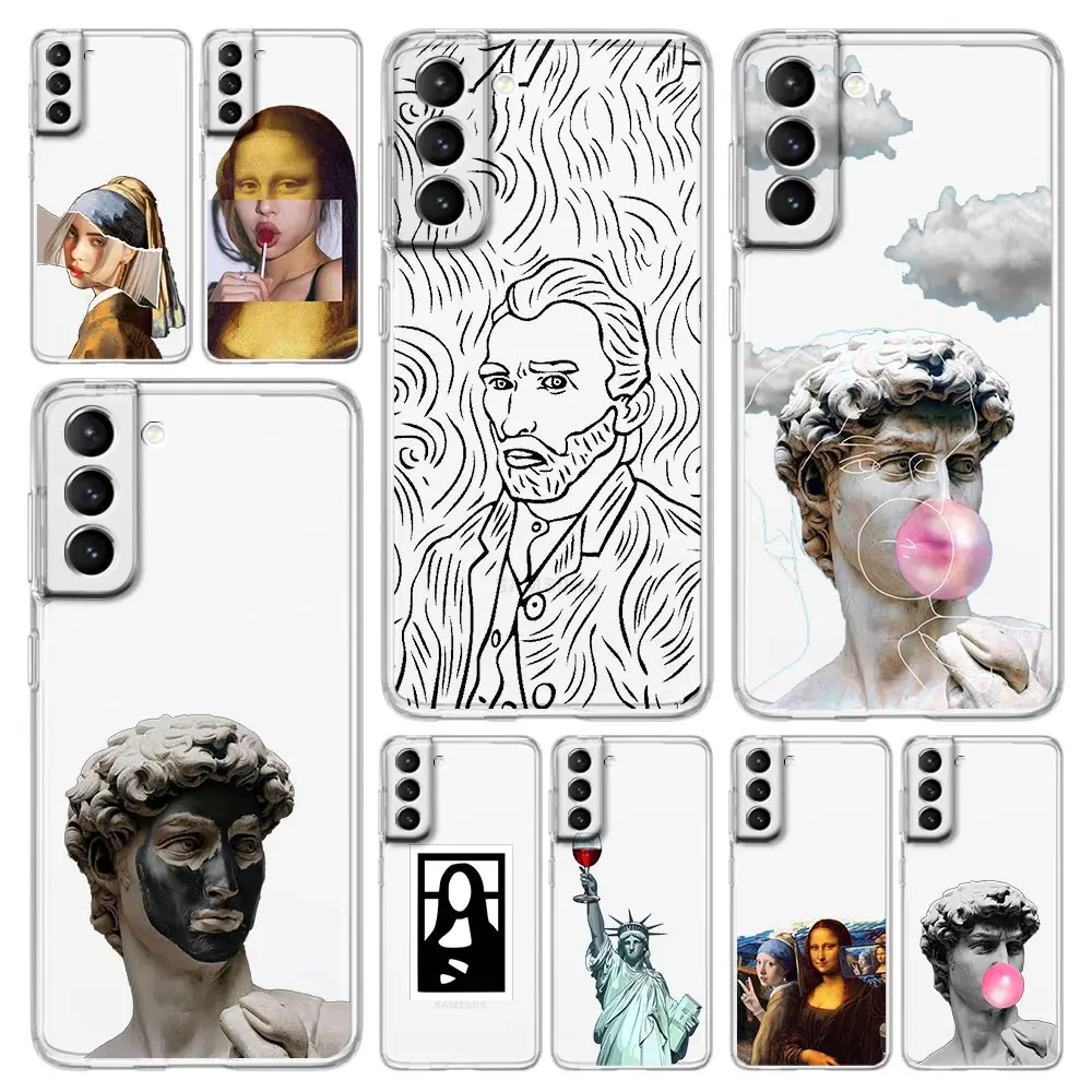 Aesthetic Art Soft Clear Phone Case with David and Mona Lisa Design