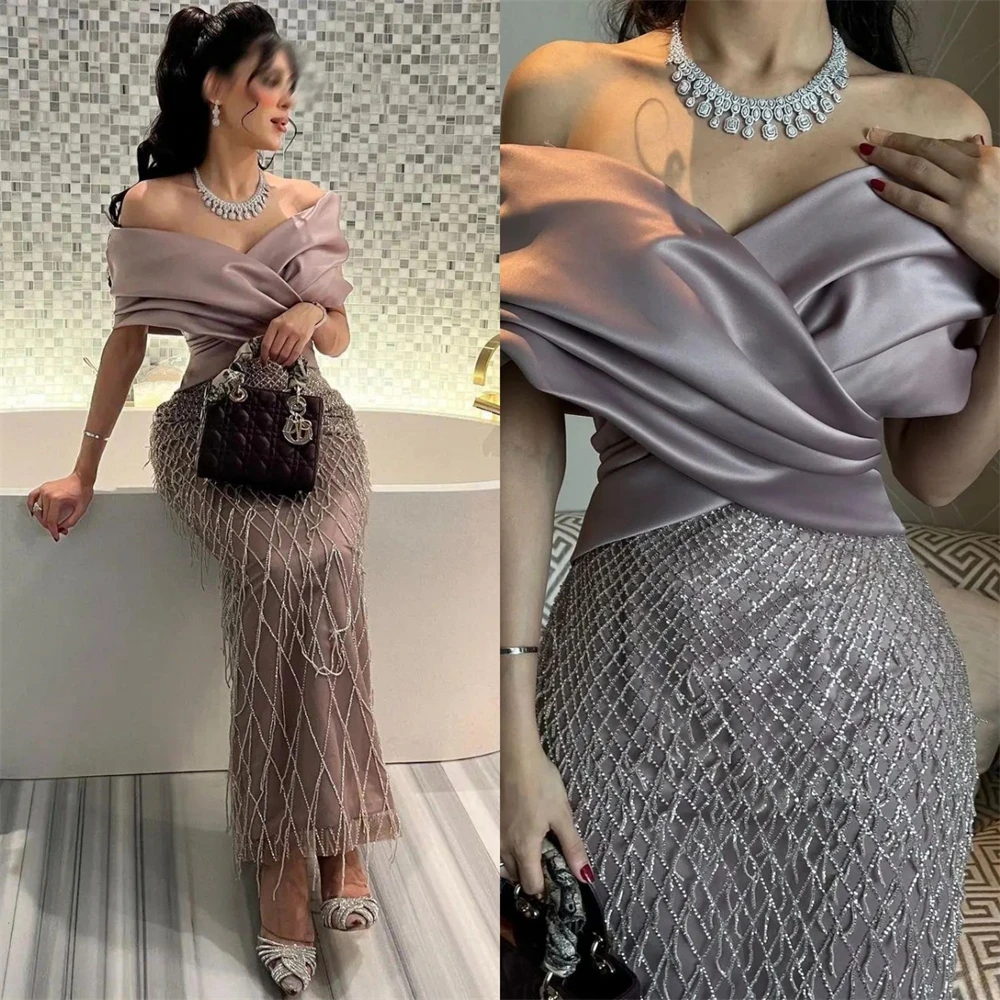 Exquisite  Off-the-shoulder Sheath Cocktail  Sequin Fold Satin Occasion Evening Gown cocktail dresses for women