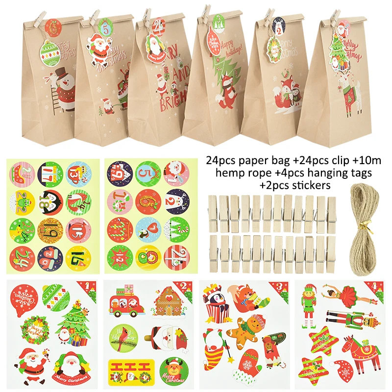 

24 Sets Vintage Kraft Paper Bags Santa Claus Snowman Candy Gift Food Packaging Pouch With Clip Stickers Rope Xmas Party Supplies