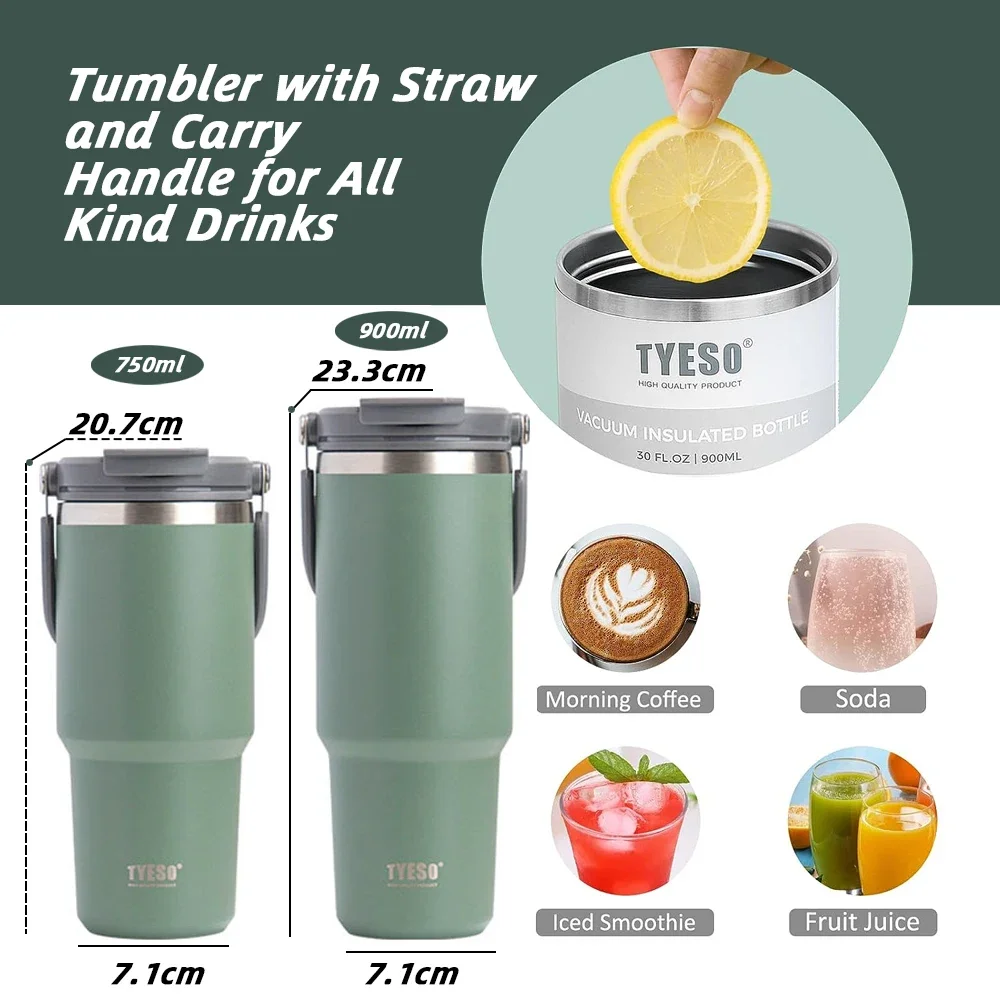 TYESO 컵 열수병 스테인레스 스틸 보온병 손잡이 포함 밀짚 커피 Travle Mug Isotherm 플라스크 텀블러 음료