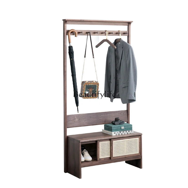 

Bedroom Vertical Clothes Rack Nordic Solid Wood Coat and Cap Floor Black Walnut Shoe Changing Stool Shoe Cabinet