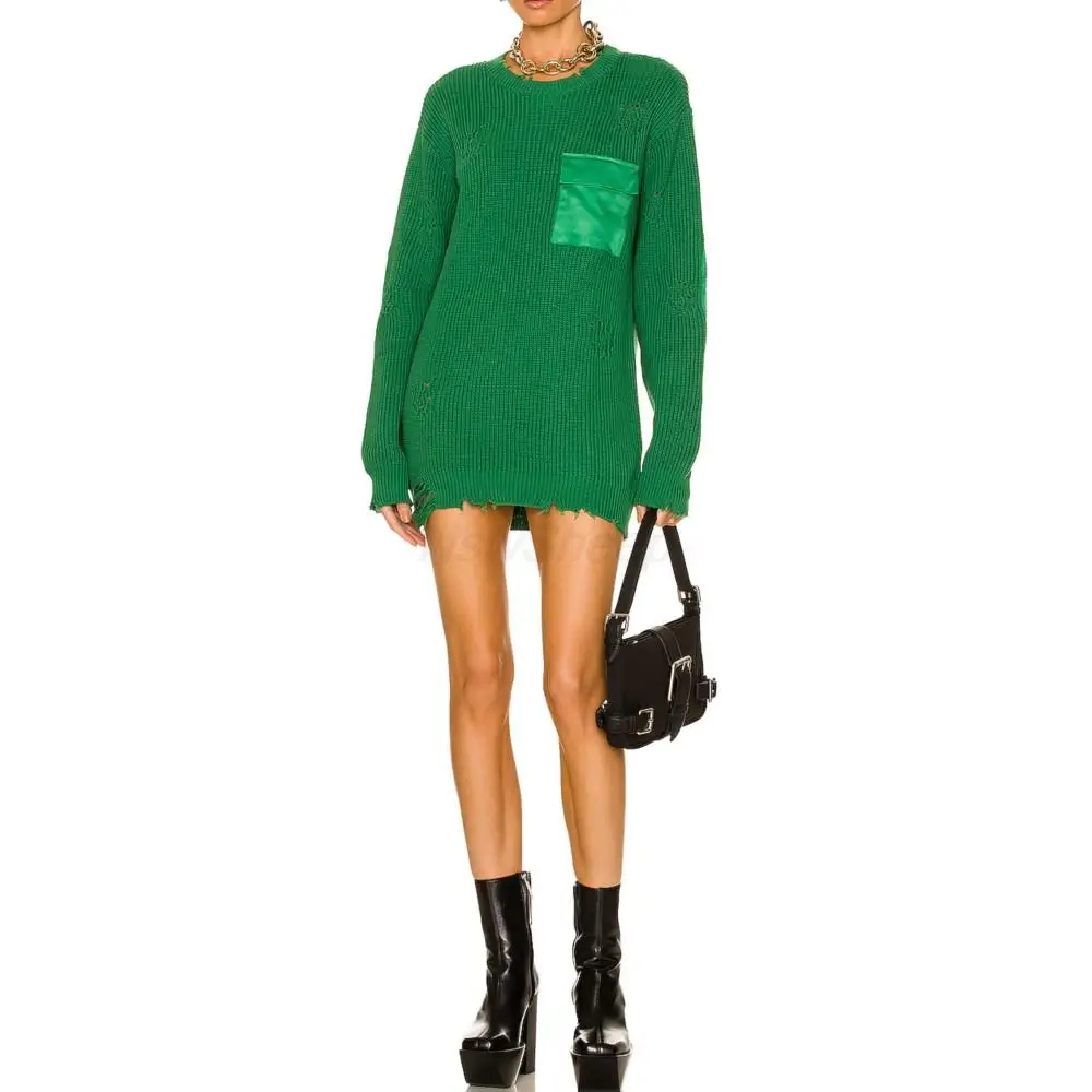 

100% Cotton Knit o-neck Women Pullover Overall Damage Long Sleeve Sweater Winter Thermal Pure Color Long Dresses For Women