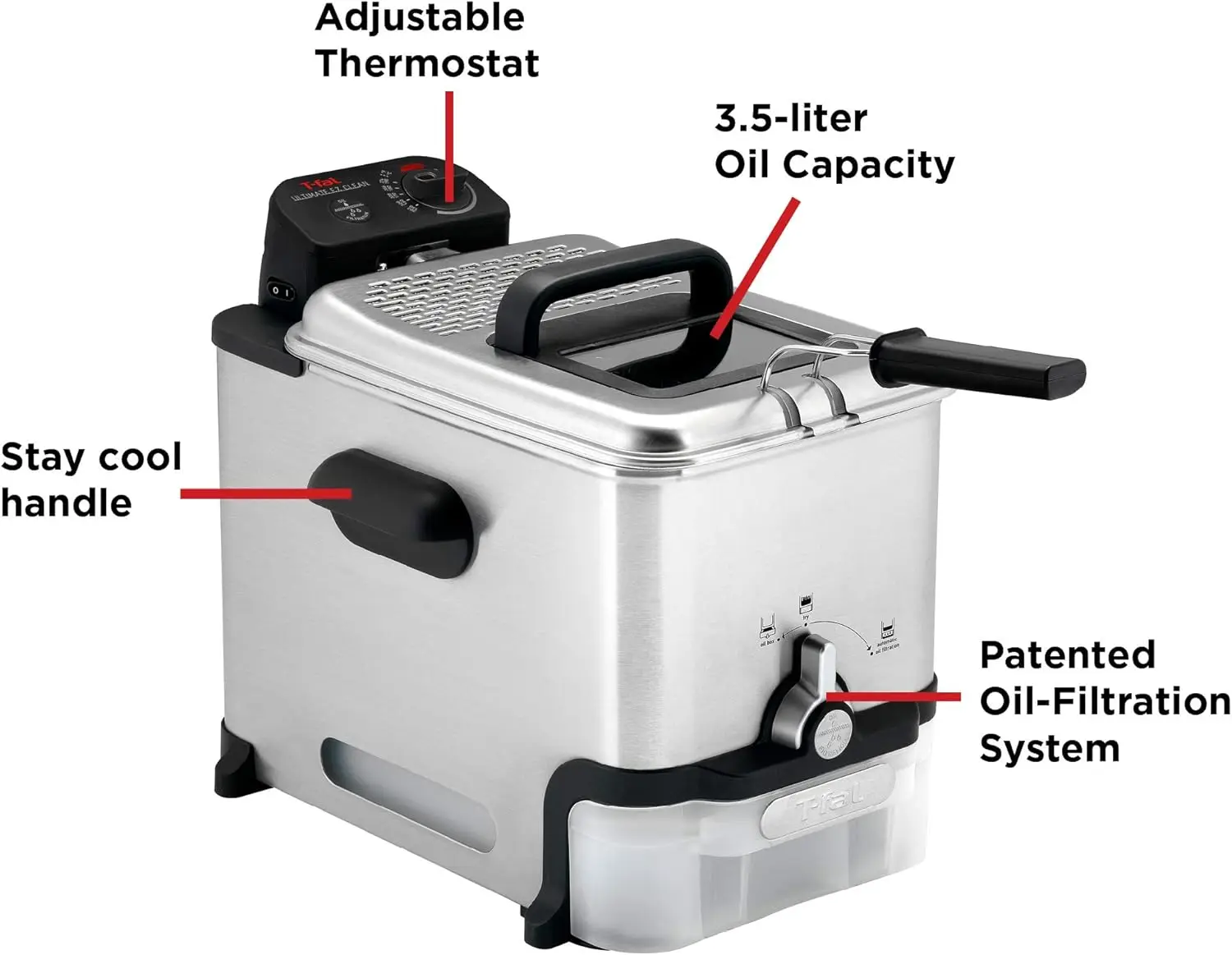 3.5L Stainless Steel Deep Fryer with Basket for Home Use, 1700W, Deep Fryer with Oil Filtration, Temp Control, Digital Timer