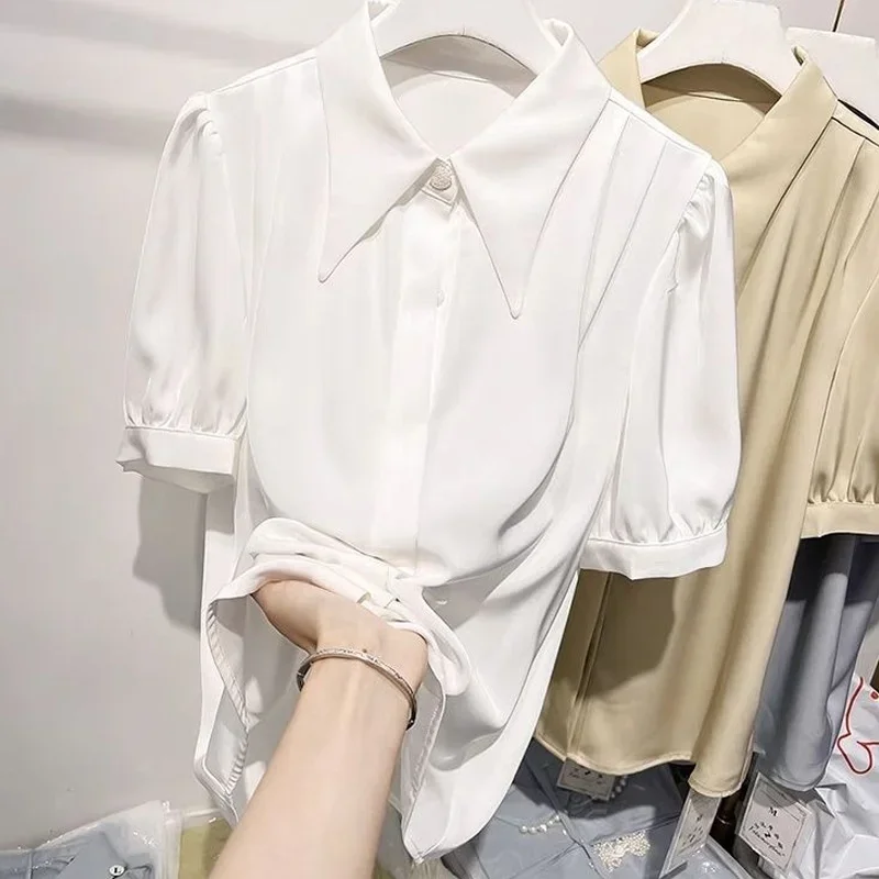 얇은 시폰 셔츠 상의, 폴로 넥 반팔, 루즈한 단색 블라우스, 우아한 여성 의류, 여름 신상 패션