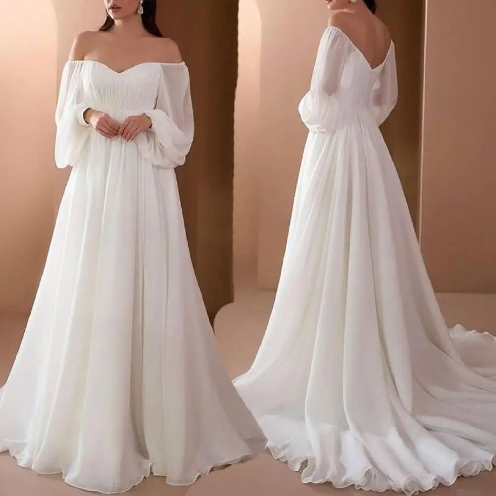 

Women Elegant White Slim Long Sleeve Maxi Party Dress Sexy Off Shoulder Chiffon Long Dress Ball Gowns Wedding Bridal Dresses