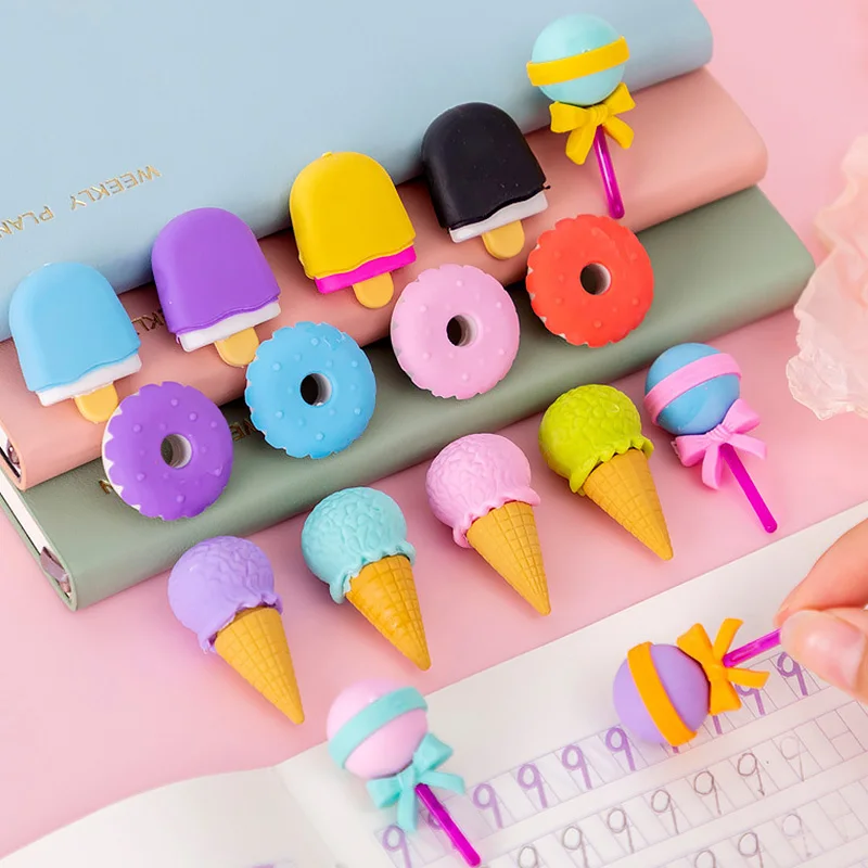 4pcs Yummy Dessert Erasers Set Kids Surprise Gift Box Mini Lollipop