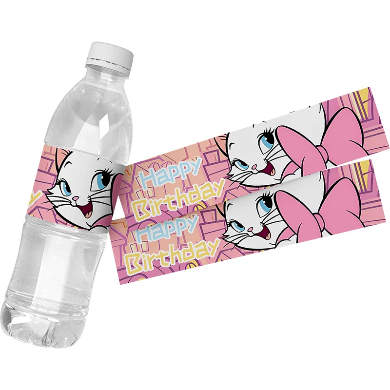 6pcs Disney The Aristocats Marie Cat Pink Happy Birthday Water Bottle Decoration Stickers Supply Baby Shower Party Packing Label