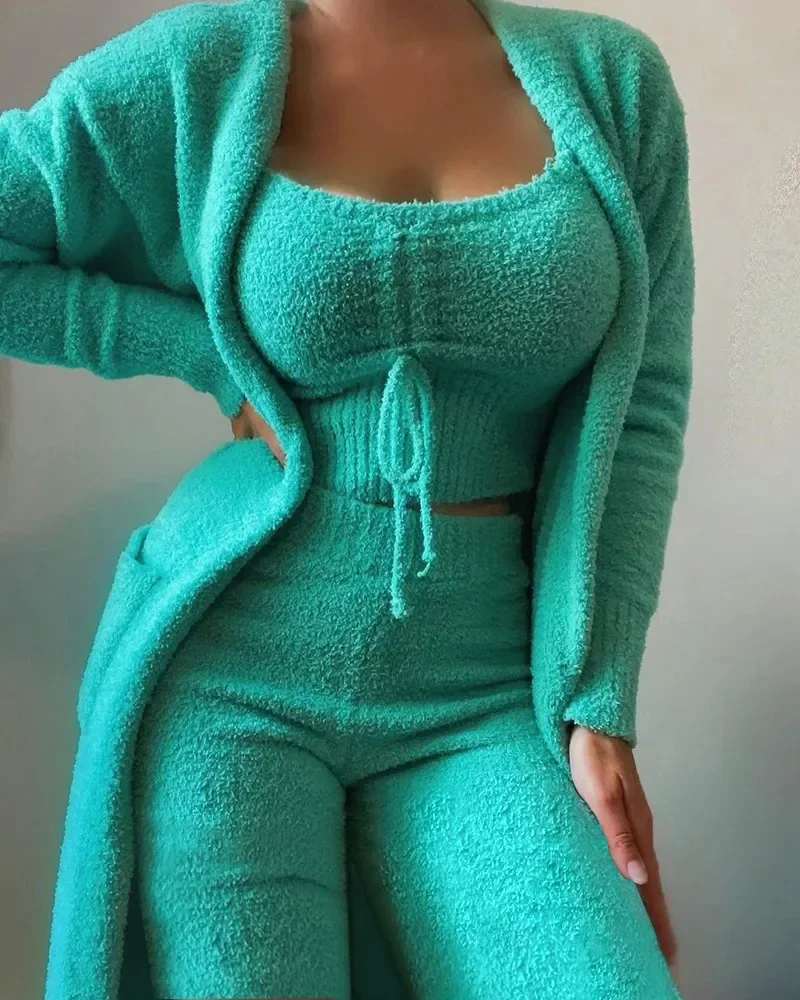 IOOTIANY Warm Soft Fleece Homewear Pyjamas S-3XL Autumn Winter Women's Velvet Pajamas Set Crop Top+Long Pants+Coat 3 Pieces Suit