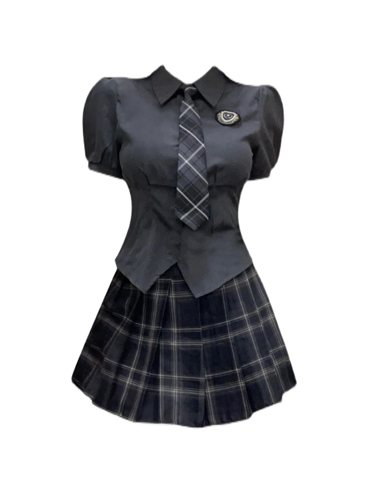 

Women Japanese Preppy Style Outfits 2 Piece Set Short Sleeve Shirts With Tie + Mini JK Plaid Skirts Gyaru Y2k 2000s Aesthetic