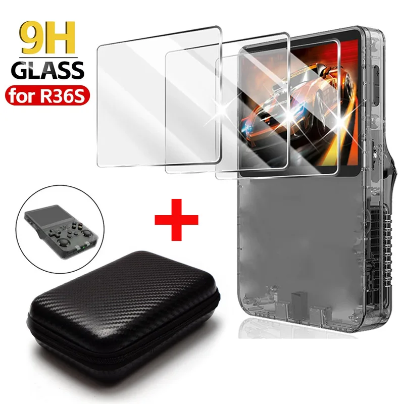 R36S Handheld Console Protection Kit 3PCS Tempered Glass Screen Protector Film and Portable Storage Carrying Case Accessory Bundle