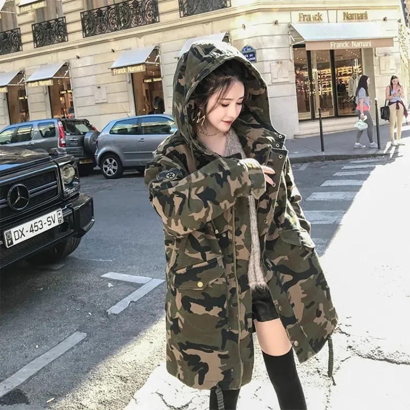 Camouflage Cotton Hooded Jacket for Women Loose Padded Coats Medium Length Cargo Tooling Parkas College Y2K Military Outwear