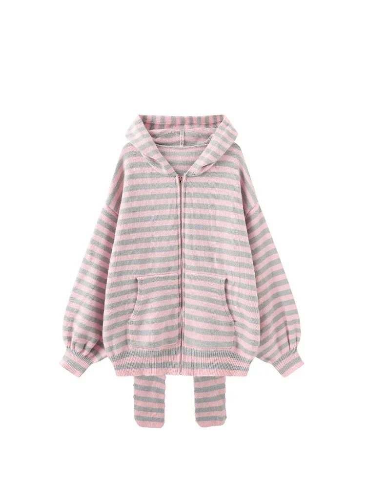 Japanese Harajuku Striped Long Rabbit Ears Hooded Knit