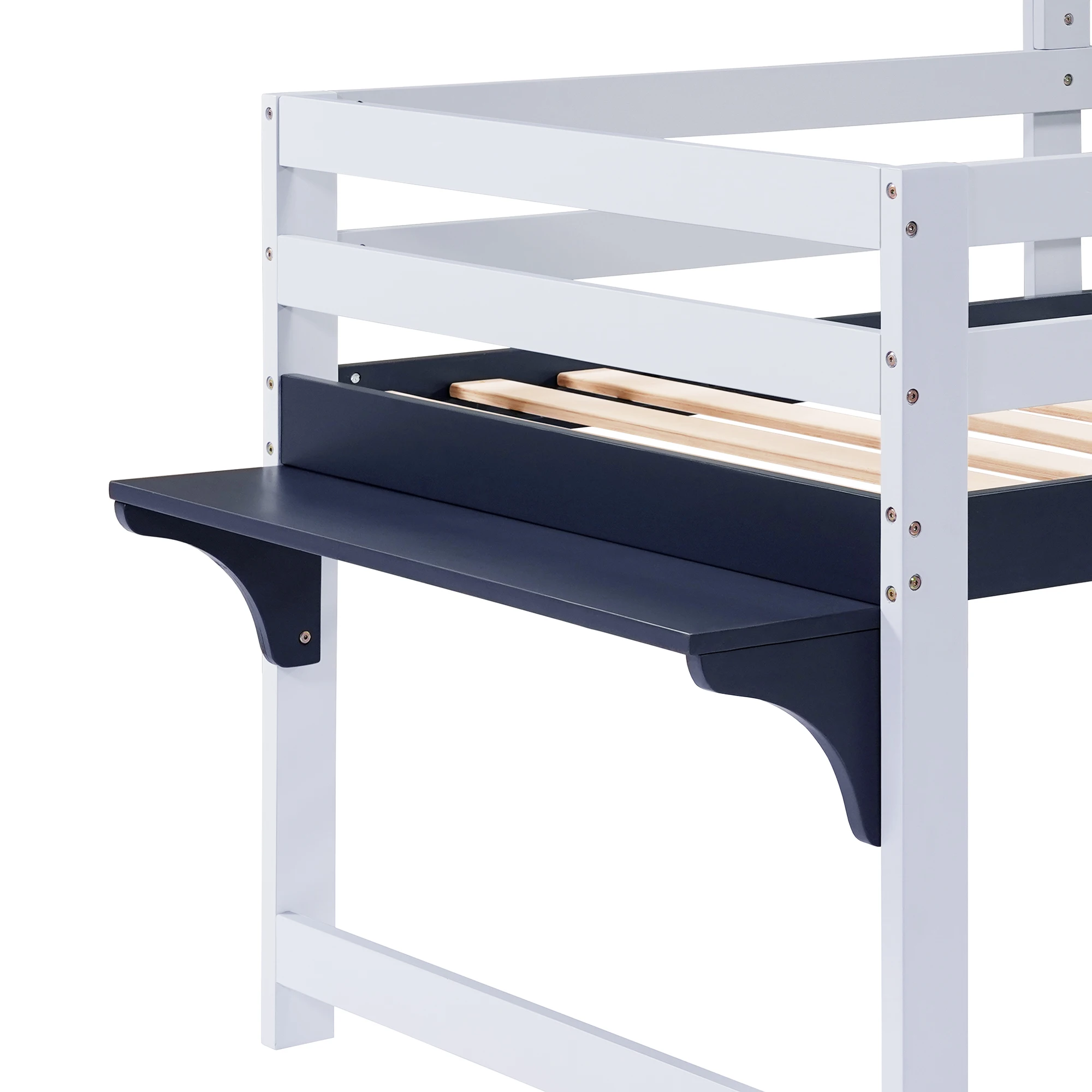Etagenbett, Hochbett, Kinderbett mit Dach und Fenster, untere Schublade mit Rollen, praktische zweistufige Winkelleiter – Detail 21