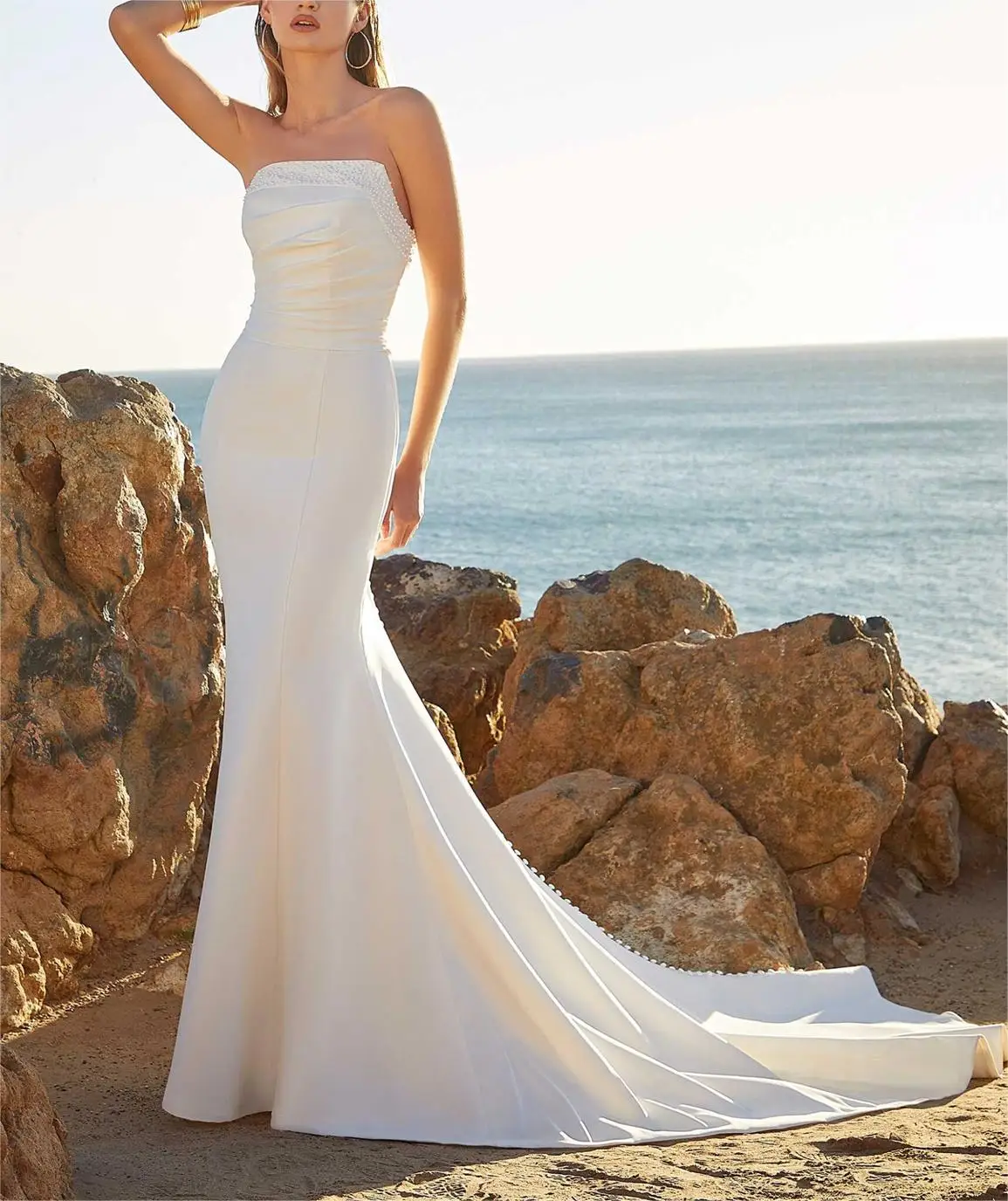 

Custom Mermaid Evening Dress Pearl Bandeau Backless Lace-Up Special Occasion Pulled Pleated White Simple Elegant Train 2023