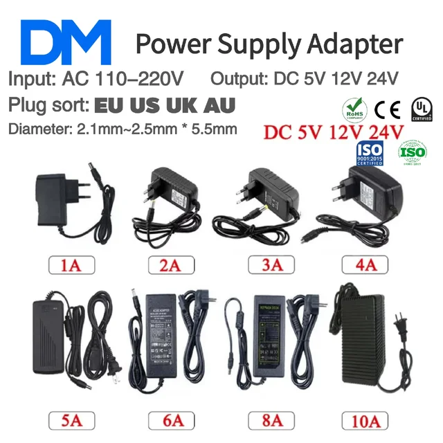 อะแดปเตอร์แปลงไฟสำหรับกล้องวงจรปิด, ไฟ LED Strip 1A 2A 3A 4A 5A 6A 8A 10A AC 110-220V เป็น DC 5V 12V 24V 1