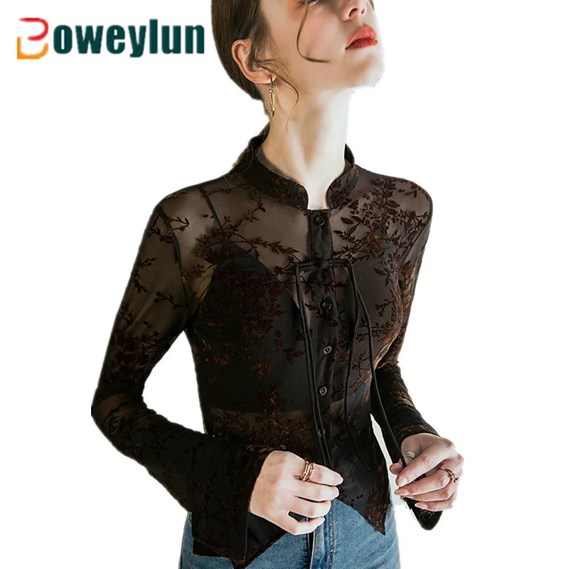 

Boweylun New Chinese Style Long Sleeve Shirt Spring And Autumn Mesh See-Through Drawstring Button Swallow's Tail Tops Women