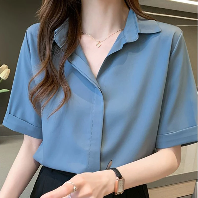 Summer New Korean Style Solid Color Elegant Fashion Women's Shirt Aesthetic Casual Loose Blouse Female Chic Office Lady Pullover