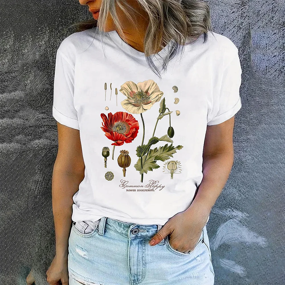 

Summer New Flower Print Short Sleeves T shirts O-neck Women's T-shirt Casual Street Tees Fashion Loose Women Clothing Pullover