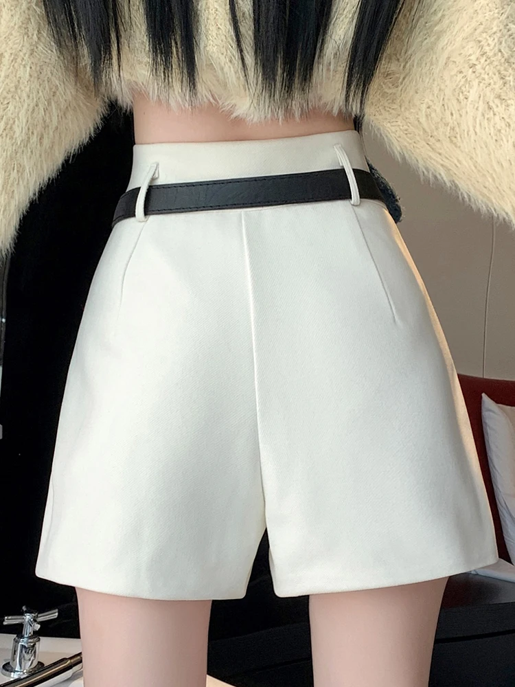 QOERLIN Stylish Woolen Boost Shorts Women Winter Autumn High Waist A-Line Wide Leg Loose Casual Black Shorts Pocket Fashion 2024