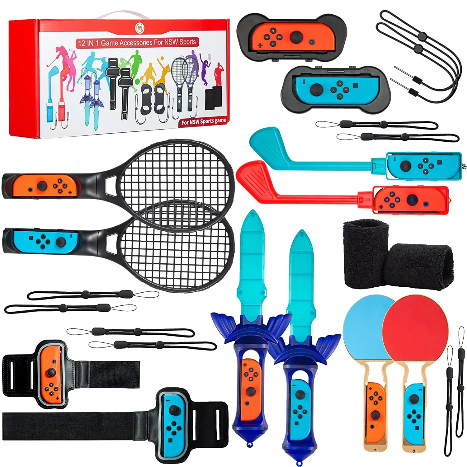 Accessories Bundle, Switch Controllers Joy-Con Grips, 12 IN 1 Accessories Kit for Switch Sports Games, Tennis Rackets