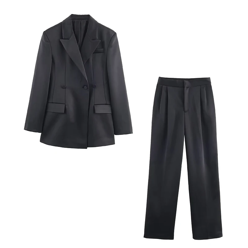 Women's Suit Pants Two-Piece Set Satin Elegant Long Sleeve Blazer Coat + Trousers 2 Pieces Sets Office Chic Woman Outfit ﻿ ﻿
