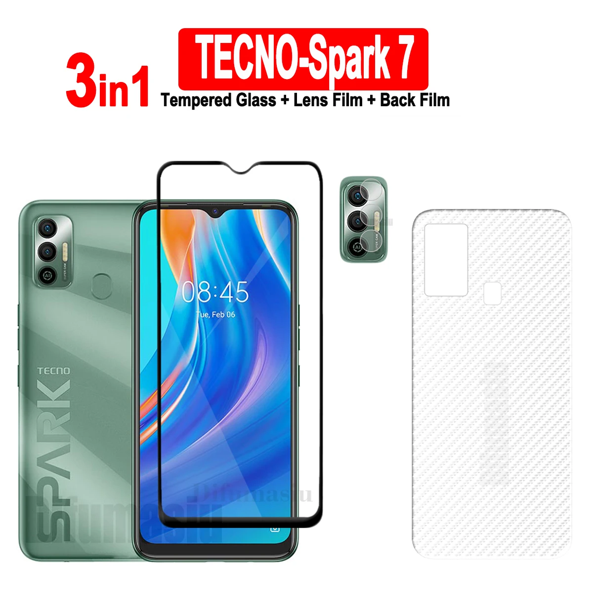 

3in1 For Tecno Spark 7 Tempered Glass Screen Protectors Soft Camera Lens Protector Full Cover Screen Glass Back Film
