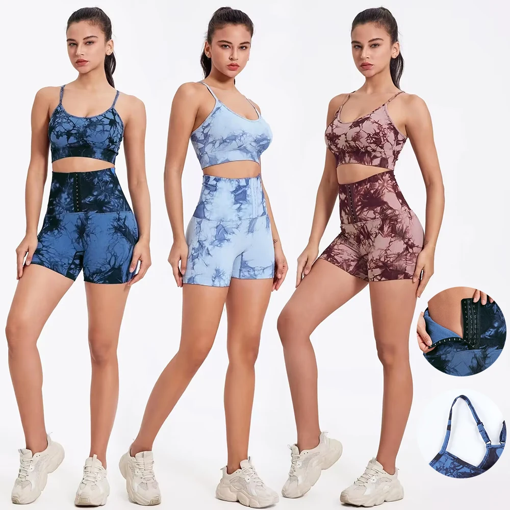 

NORMOV Tie Dyeing Women Breasted Yoga Set Sexy Raises Butt Women Sports Set Female Abdomen Workout Set Gym Set High Waist Summer