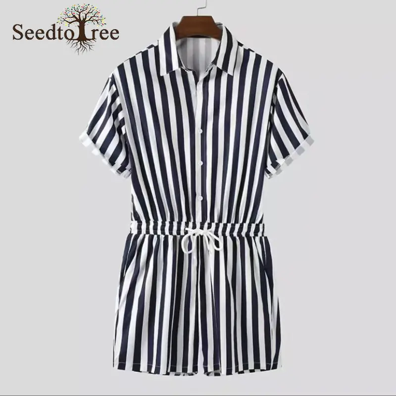 

Summer Men's Jumpsuit Stripe Safari Style Men's Sets Single Breasted Lapel Short Sleeved Lace Up Casual Pants Suit