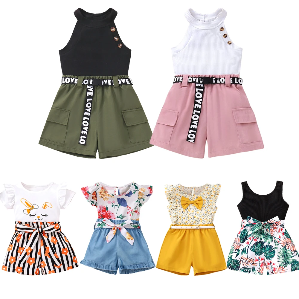 

Baby Girls Summer Sleeveless Vest Top + Shorts Two-piece Set Kids Short Sleeve T-Shirt+Pants Casual Floral Clothing Sets 1-6Yrs