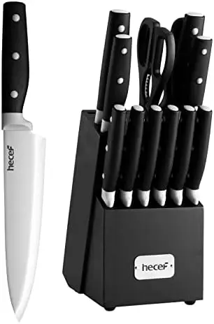 Hecef Kitchen Knife Block Set, 14 Pieces Knife Set with Wooden Block 