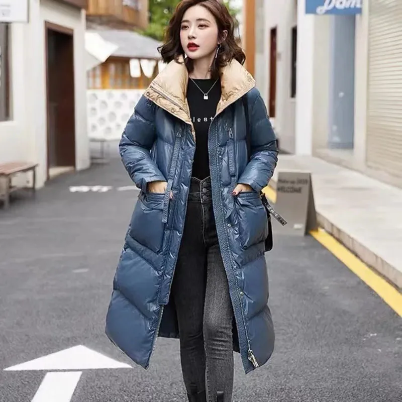 

New Women's Double Stand Collar Color Down Jacket Winter Cold Warm Coat Jacket Female Korean Long 90% White Goose Down Overcoat