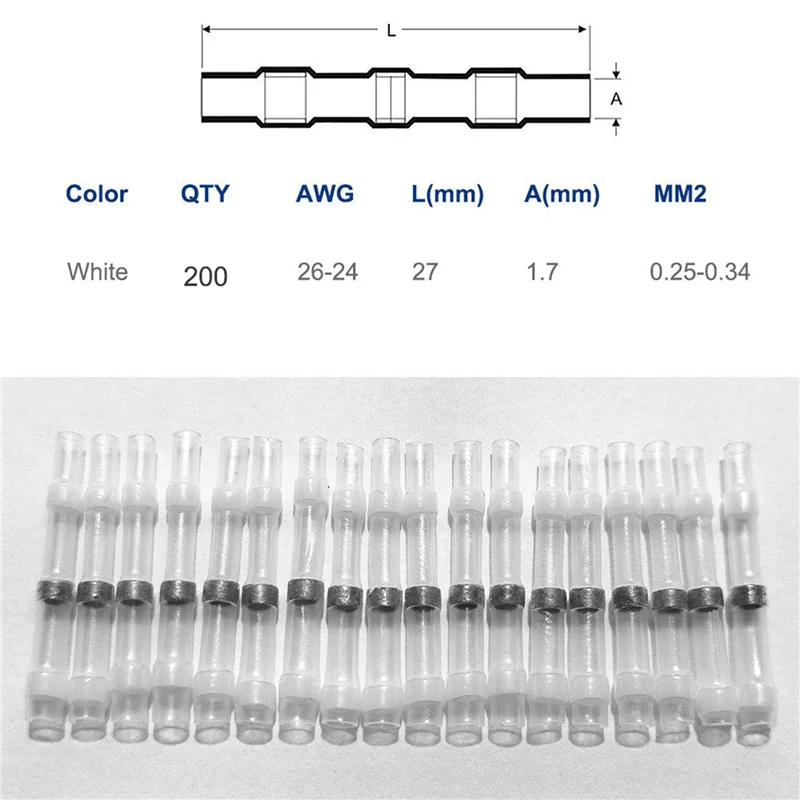 800PCS 26-24 AWG 흰색 솔더 씰 와이어 커넥터, 열 수축 버트 커넥터, 방수 및 절연 와이어 터미널