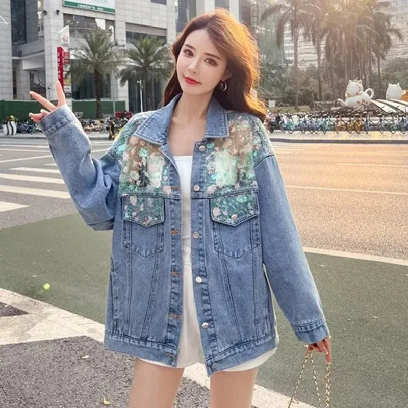 

2024 Spring Autumn Sequins Lace Splicing Denim Coat Women Mesh Hollow Jean Jackets Female Oversize Loose Streetwear Outerwear