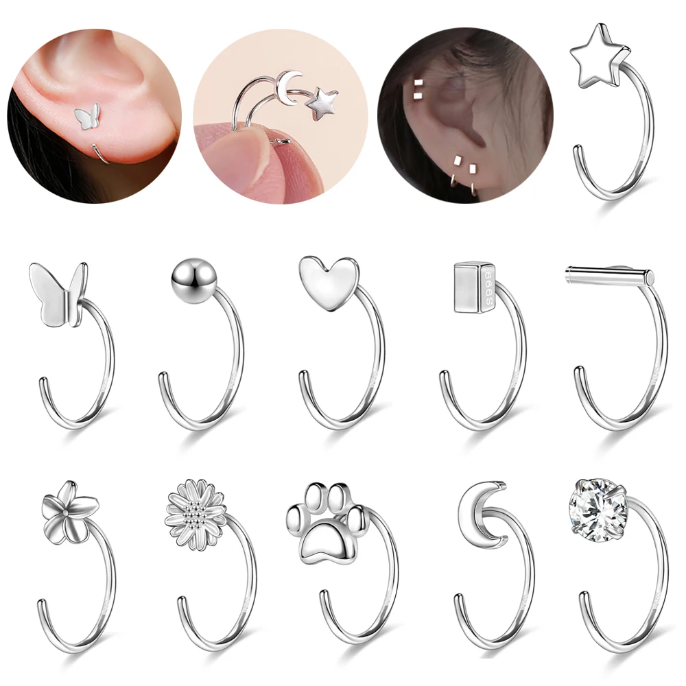 

ZS 20G 2PC 999Sliver Open Hoop Earring Gold Plated Circle Earring Women Zircon Star Round Ear Hoop Cute Cat Flower Ear Jewelry