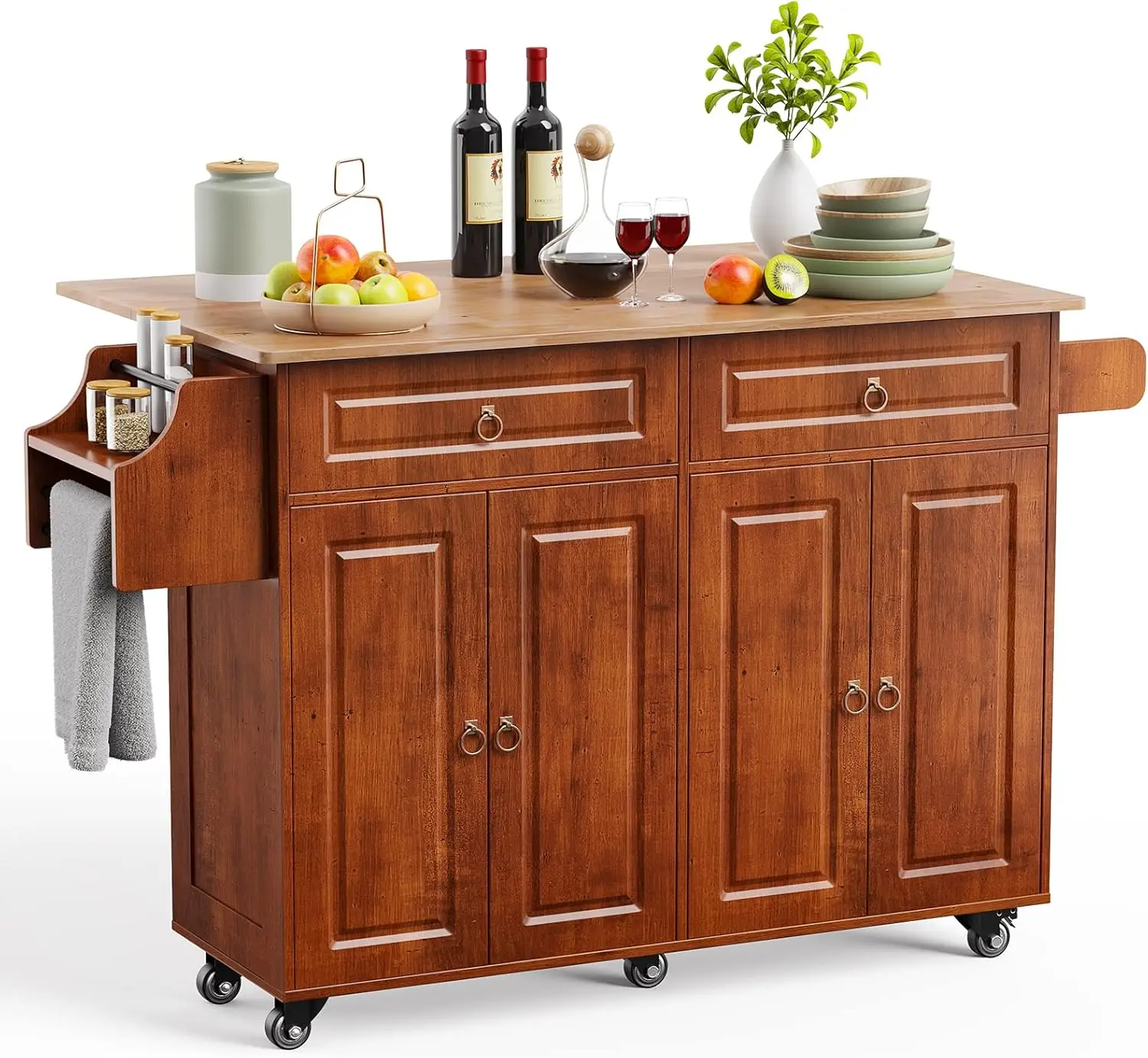 Kitchen Island with Drop Leaf and Storage on Wheels Two Drawers Large Storage Cabinet Towel Rack Spice Cart Brown