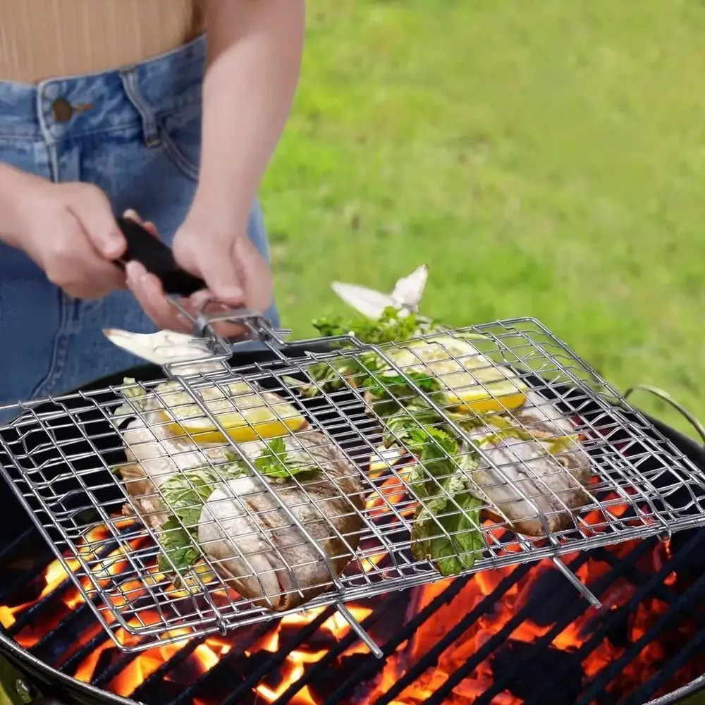 Folding Portable Outdoor Camping Stainless Steel BBQ Rack With Removable Handle Grilling Basket Barbeque Griller Cooking Tools bbq rack