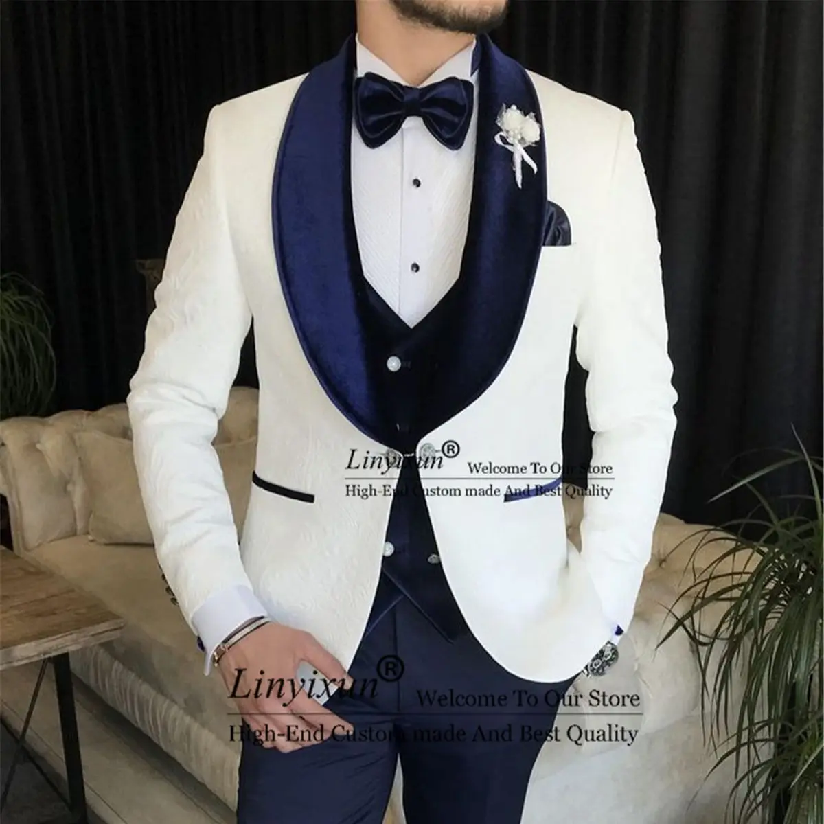 

Jacquard Mens Suits For Wedding Velvet Shawl Lapel Groom Tuxedos Bridegroom Prom Blazers 3 Pieces Sets Terno Masculinos Completo