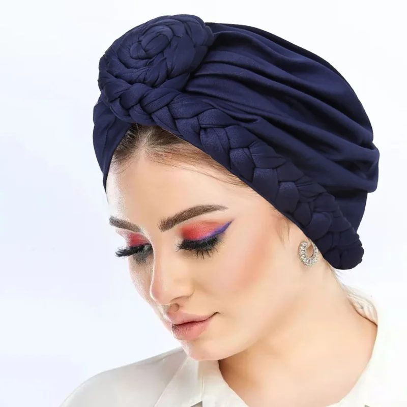 KepaHoo Solid Color Braided Women Hijab Caps Muslim Wrap Head Turban Bonnet Fashion Headdress Islamic Clothing Accessories 2