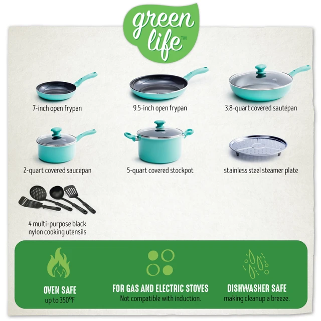 GreenLife Soft Grip Diamond Healthy Ceramic Nonstick, Cookware Pots and Pans  Set, 14 Piece, Turquoise, Dishwasher Safe - AliExpress