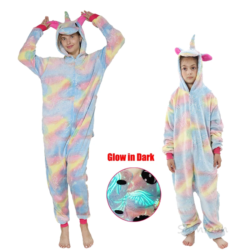 Winter Kigurumi Oneise For Kids Adults Boy Girl Unicorn Pajamas Animal Rabbit Cartoon Sleepwear Unicornio Overalls Pyjamas Women