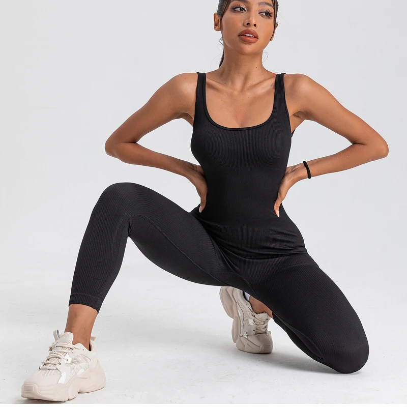 Women Ribbed Yoga Jumpsuits Workout Ribbed Long Sleeve Sport One