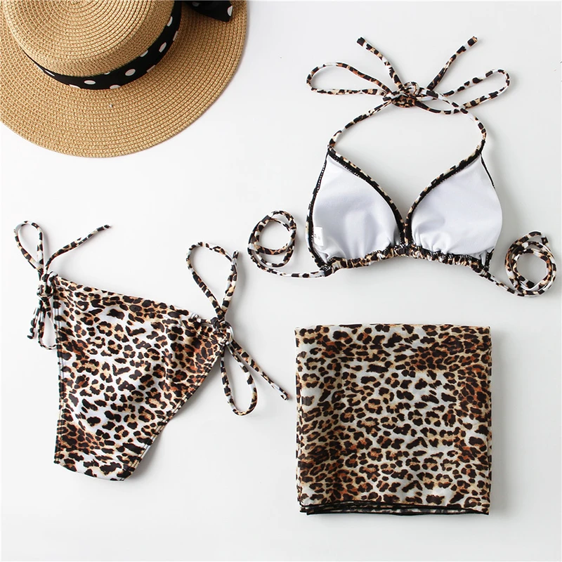 Printed Leopard 3 Three Pieces Set Swimsuit Women Swim Sexy Feminin Bikini Low Waist Swimwear Long Sleeve Bather Bathing Suit