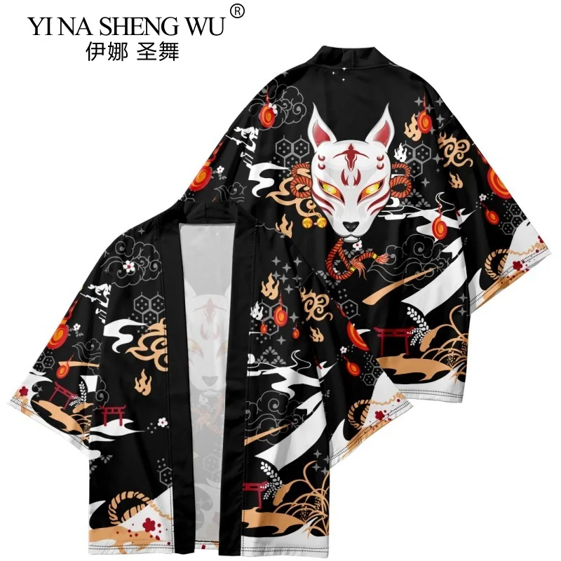 Men Kimono Japanese Traditional Costumes Fashion Kimono Haori Fox Cardigan Jacket Beach Wear Cloak Samurai Shirt Coats Oversized