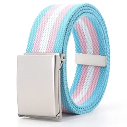 Multicolor Rainbow Stripes Adjustable Canvas Belt with Metal Buckle - 3.8cmX120cm (White pink blue edge)