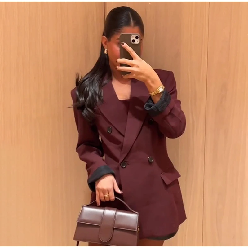 Fashion Burgundy Lapel Blazer Coat Women Elegant Double Breasted Full Sleeve Pocket Jacket Fall New Female Commute Outwear