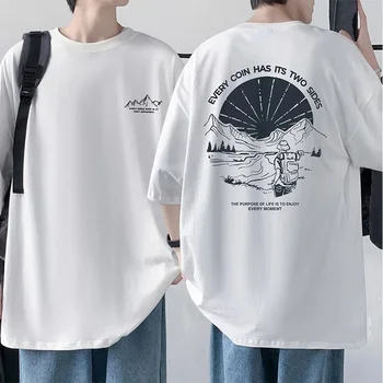 Men's Cotton T-shirt Front Back Print Half Sleeve T-shirt Men's Cotton Summer Loose Oversized Casual O-neck Male Tees 1