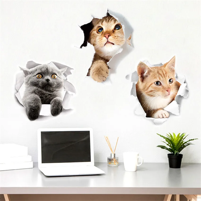 Vivid 3D Hole Cat Dog Toilet Stickers Home Decoration Diy Wc Washroom/Door Posters Kitten Puppy Cartoon Animals Wall Art Decals