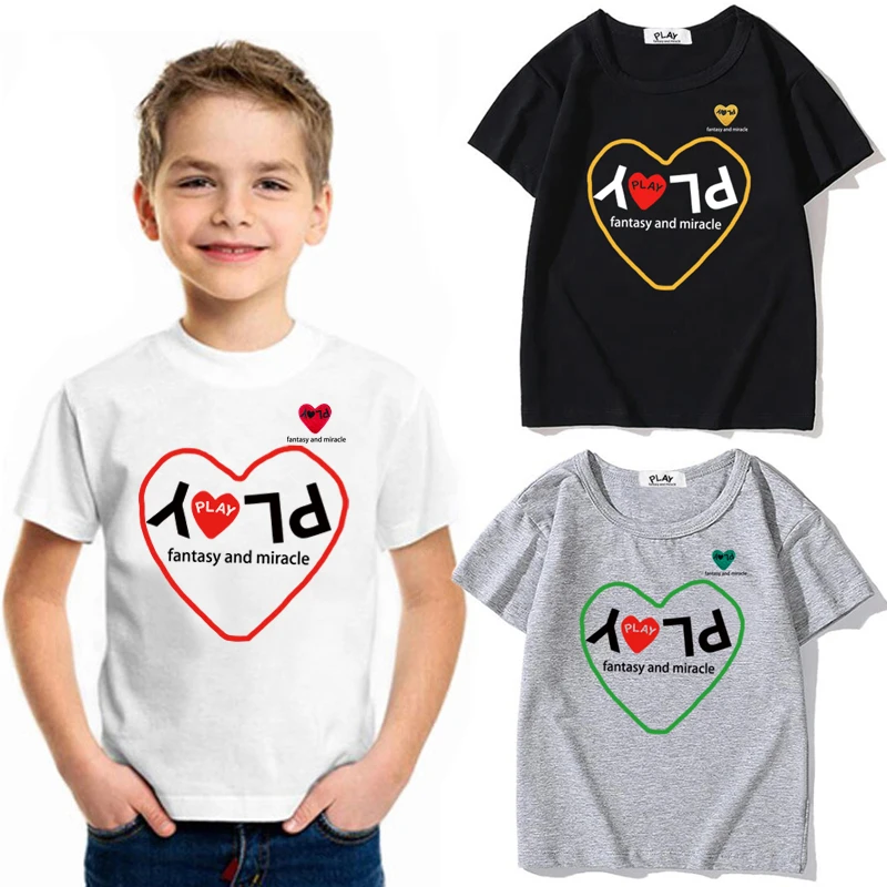 

Хлопковая футболка для мальчиков и девочек, яркая Повседневная рубашка с круглым вырезом, коротким рукавом, с вышивкой в виде сердечек, в стиле унисекс