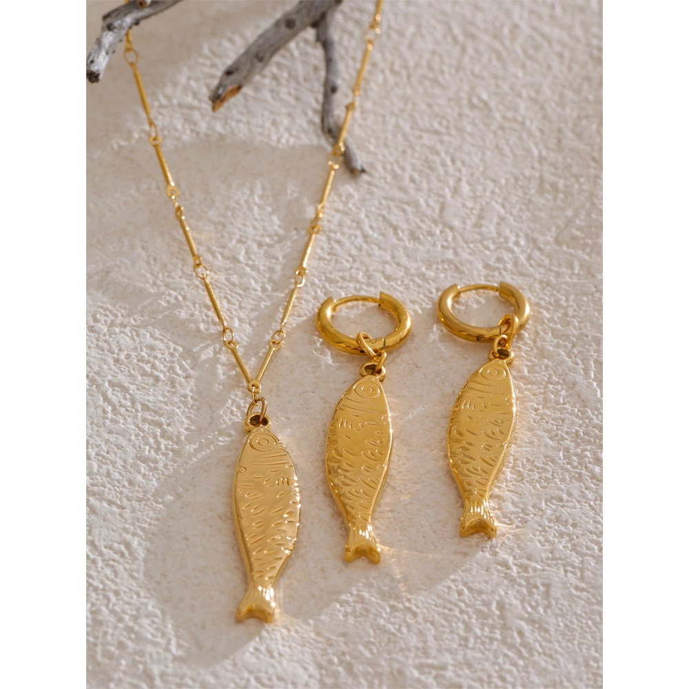 Yhpup Ocean Stainless Steel Fish Pendant Necklace Earrings